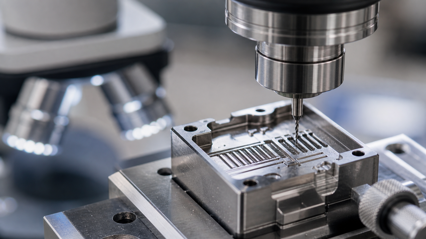 Micro carbide end mill machining a small precision mold insert