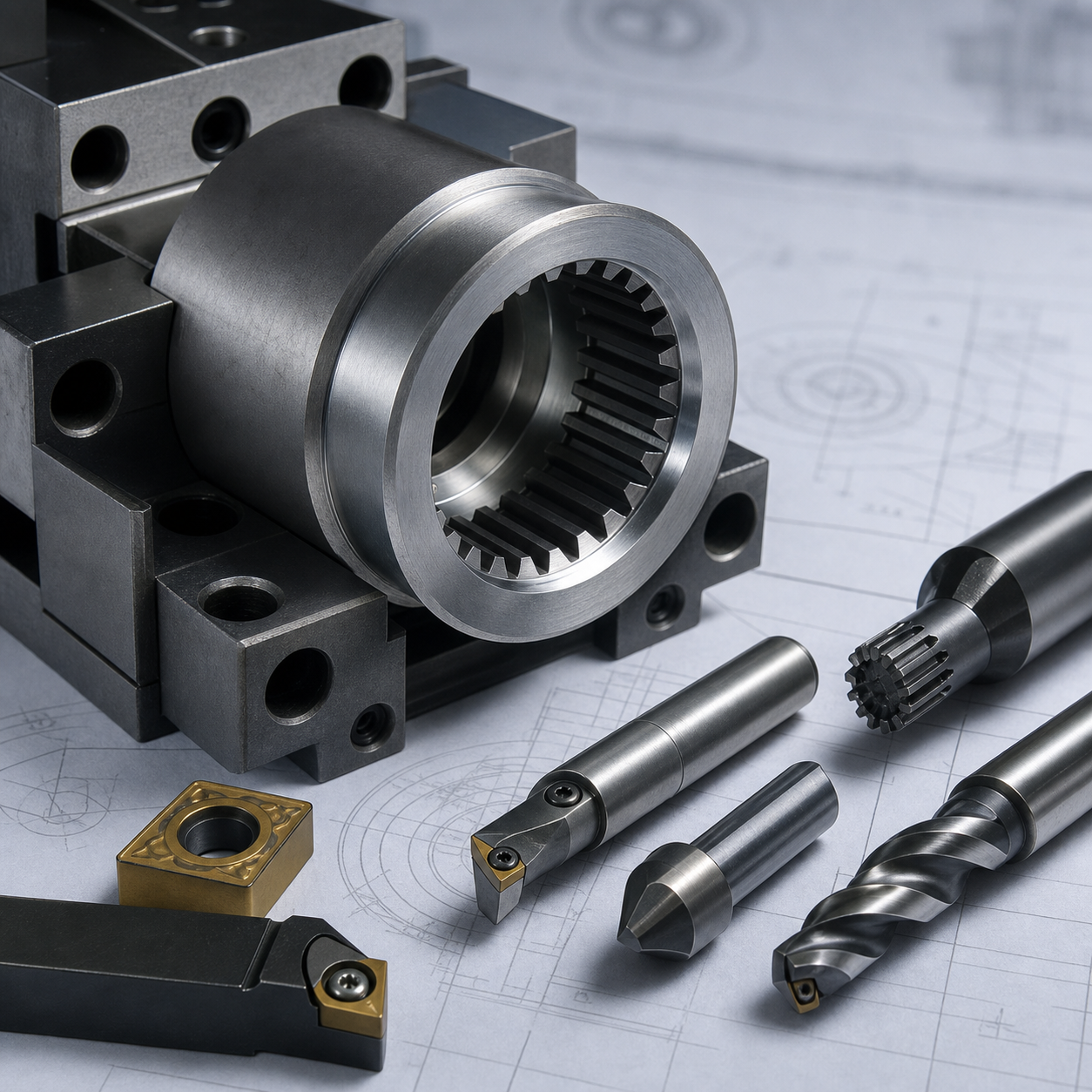 16MnCr5 internal spline coupling hub CNC plan with boring bar spline cutter and carbide tools