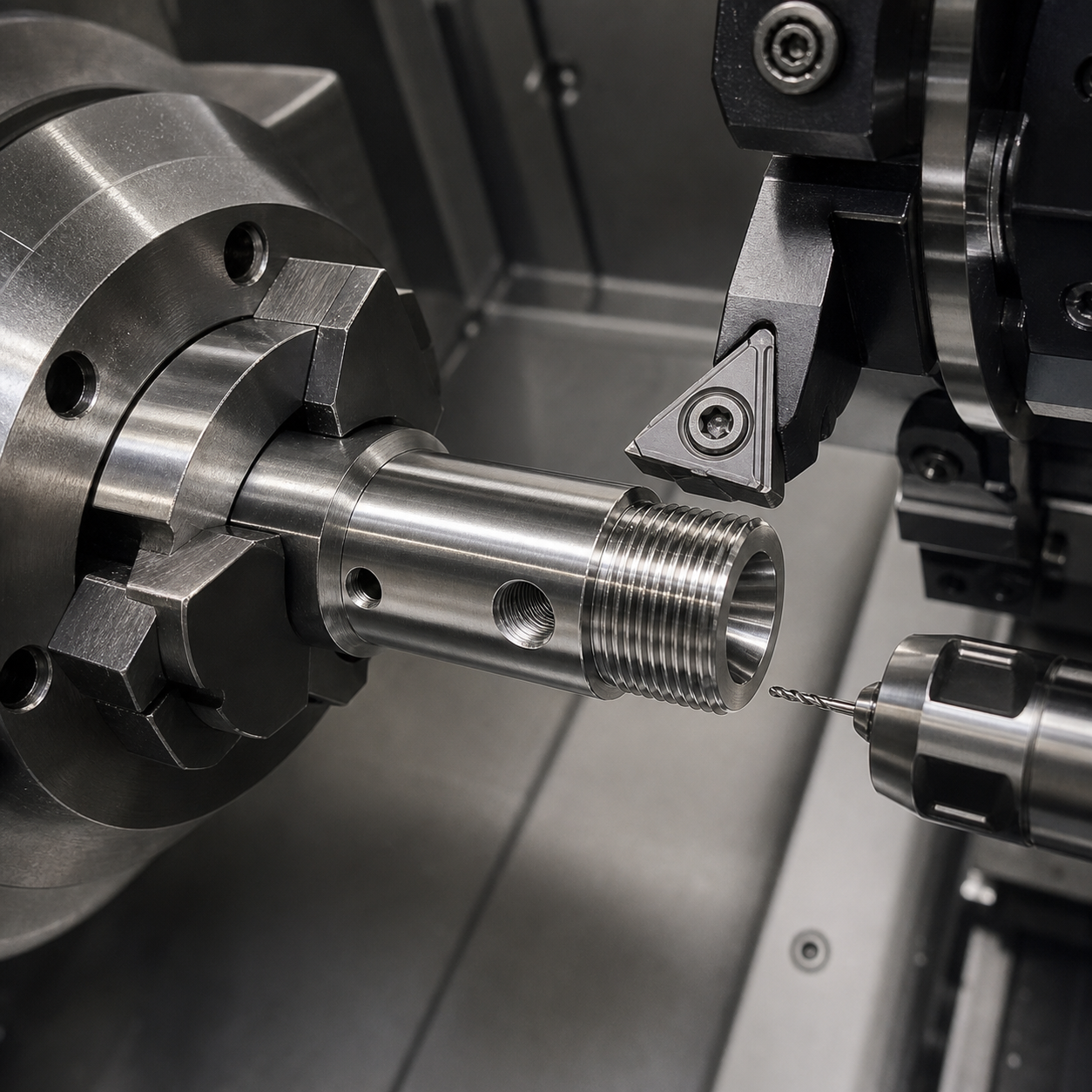 17-4PH pressure probe body during CNC threading and radial-port machining