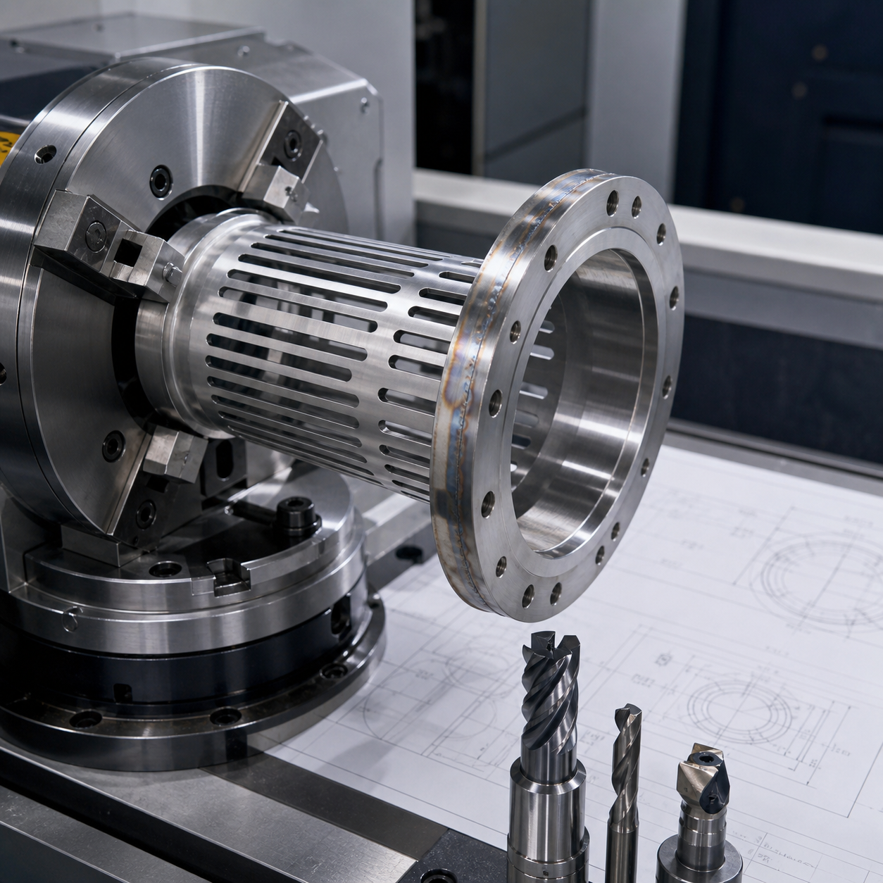 2205 duplex stainless filter basket CNC setup with long slots flange fixture and carbide tools