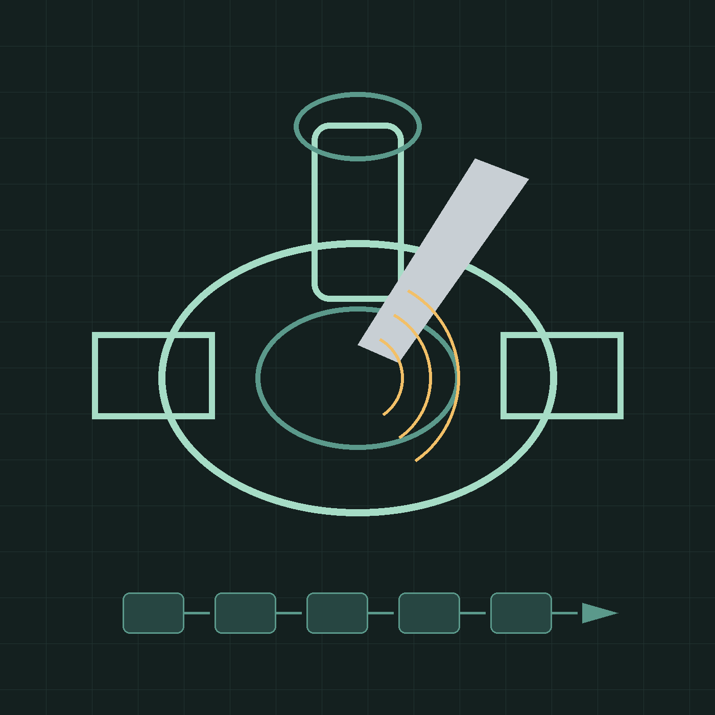Square CNC technical illustration of 316L sanitary valve body machining with bore finishing and thread milling tools