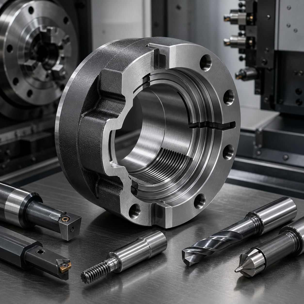 AISI 4140 hydraulic cylinder end cap machining with bore, seal grooves and thread tools