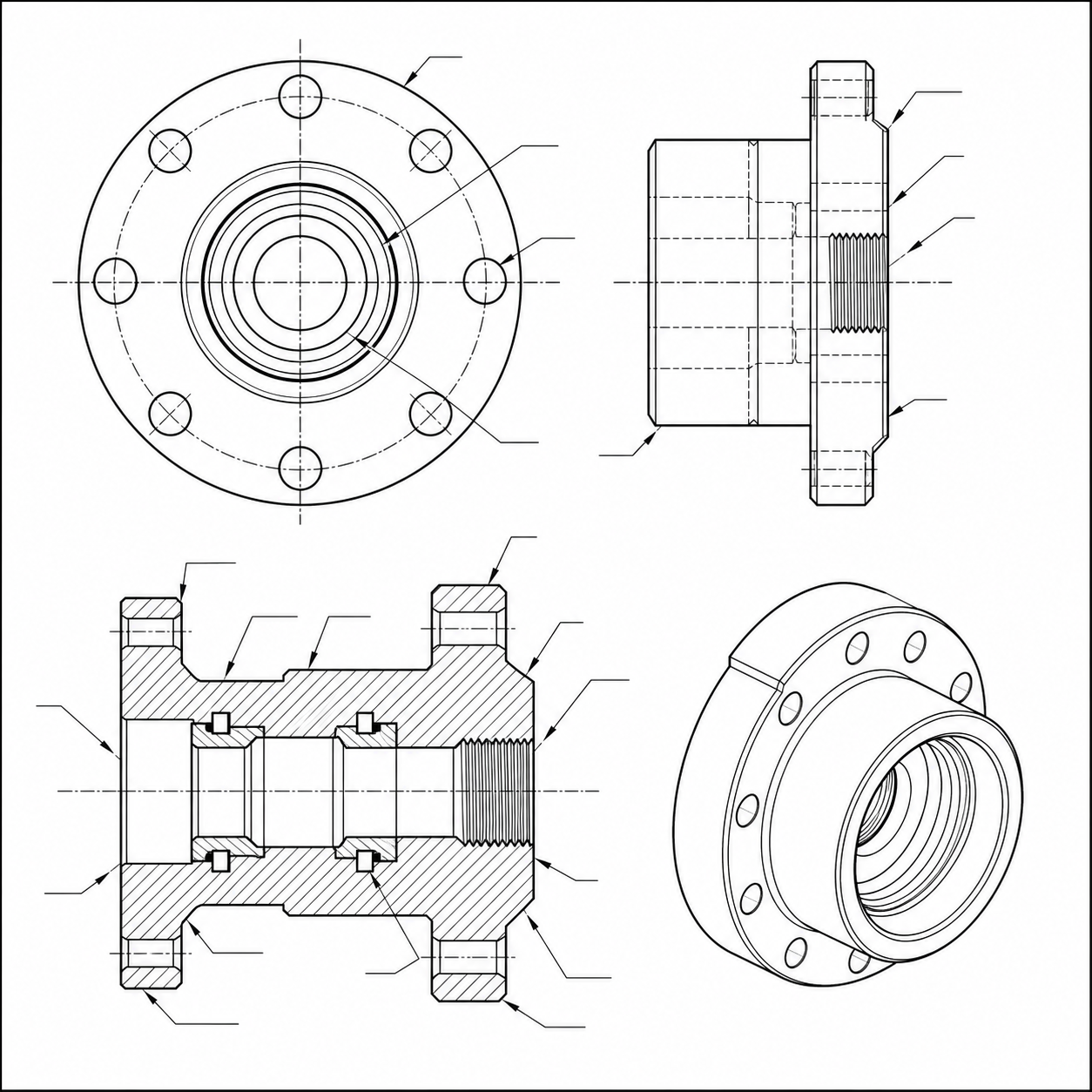 Hydraulic cylinder end cap schematic drawing with stepped bore, seal grooves and internal thread