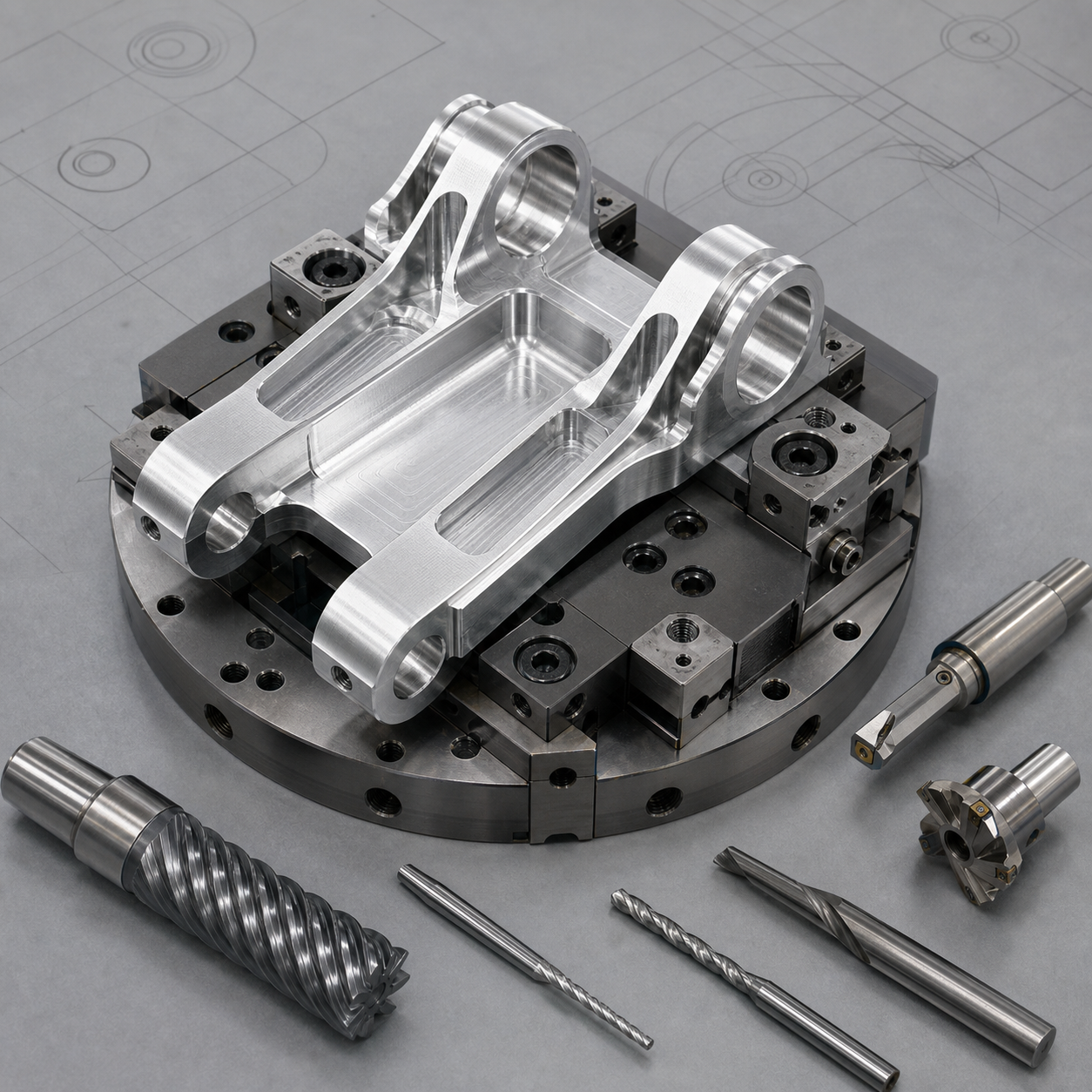 7050-T7451 aerospace hinge fitting CNC tooling layout with fork pockets and coaxial lug bores