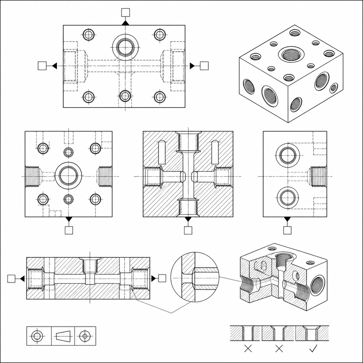Hydraulic manifold schematic drawing with intersecting passages and datum features