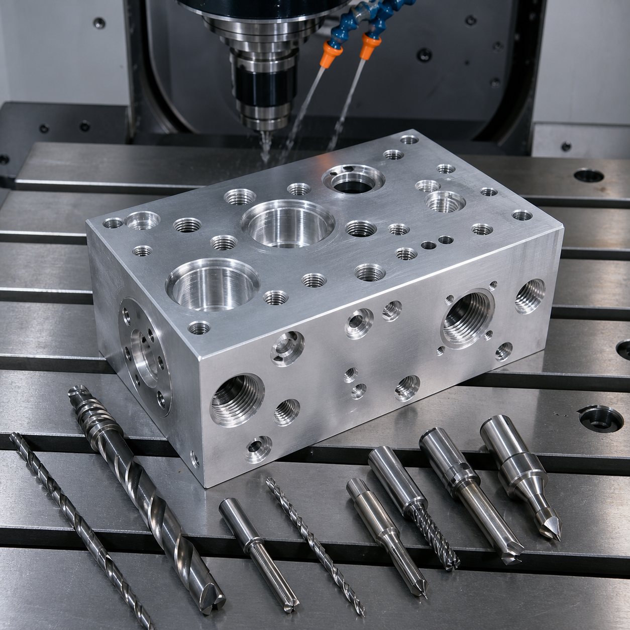 7075 aluminum hydraulic manifold CNC machining case with deep holes and carbide tools