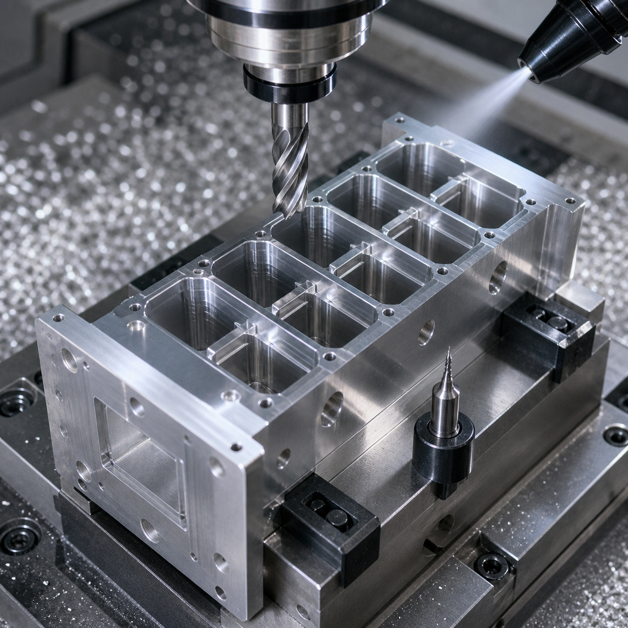 7075-T651 RF waveguide filter body during CNC milling of stepped cavities and thin iris walls