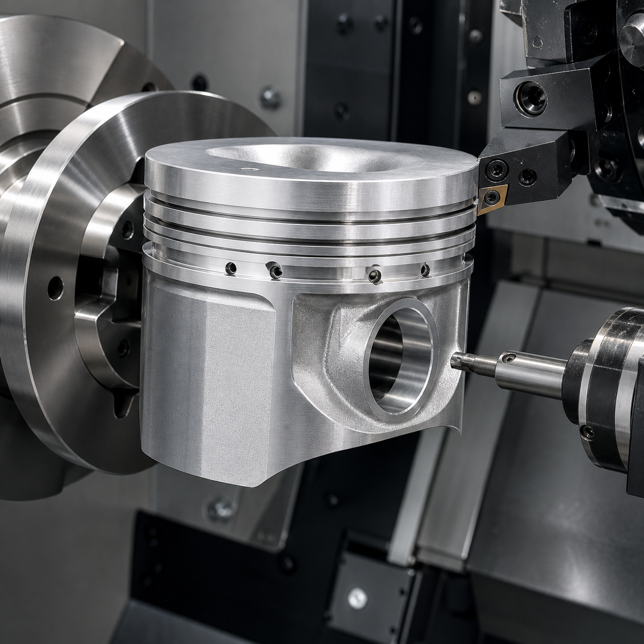A390 hypereutectic aluminum piston during CNC machining of ring grooves and the wrist pin bore