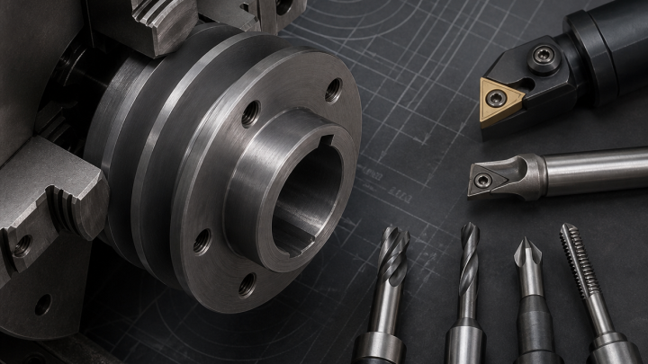 AISI 1045 Taper-Lock Pulley Hub CNC Case: Taper Bore, Keyway and Radial Threads