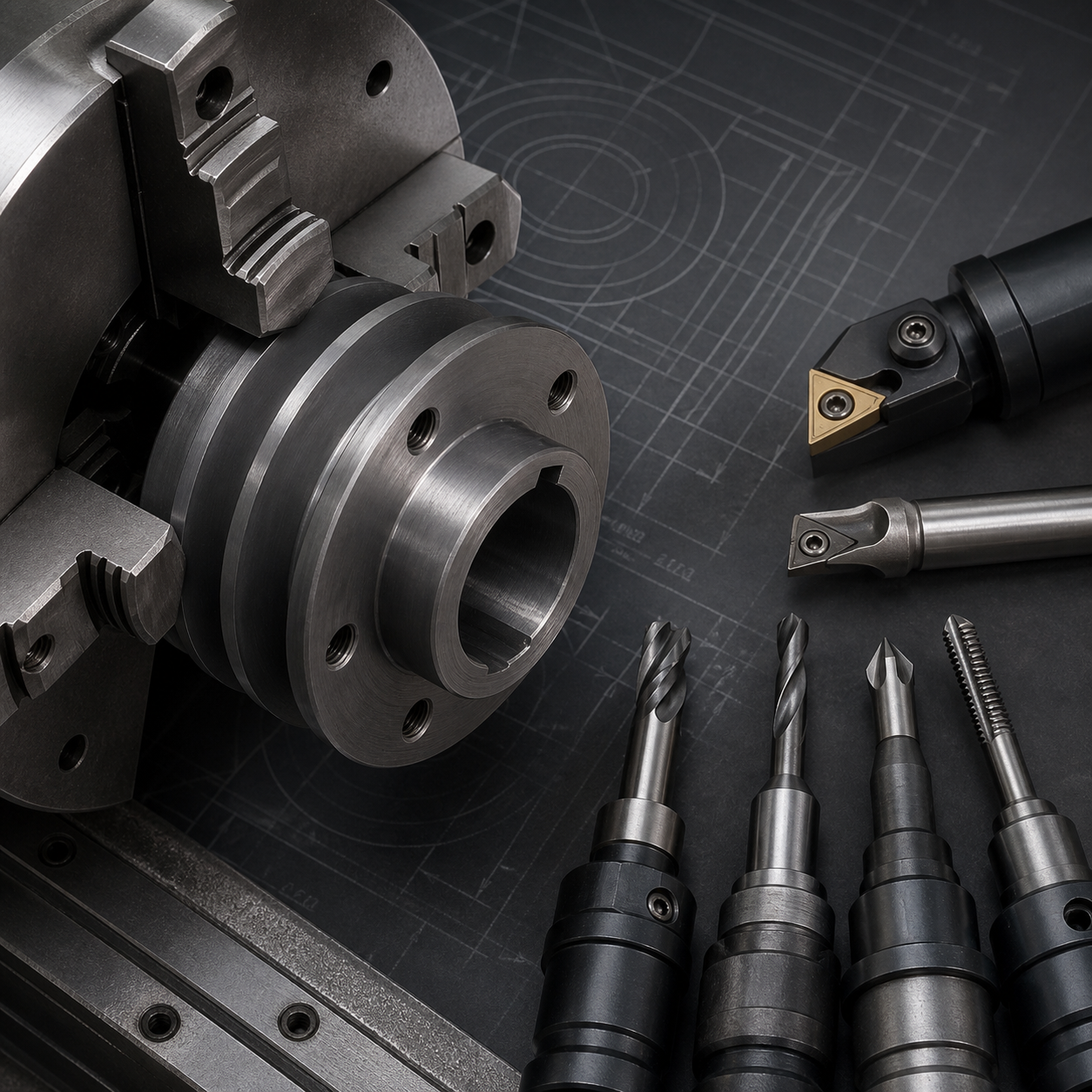 AISI 1045 taper-lock pulley hub CNC tools for bore keyway and radial threads
