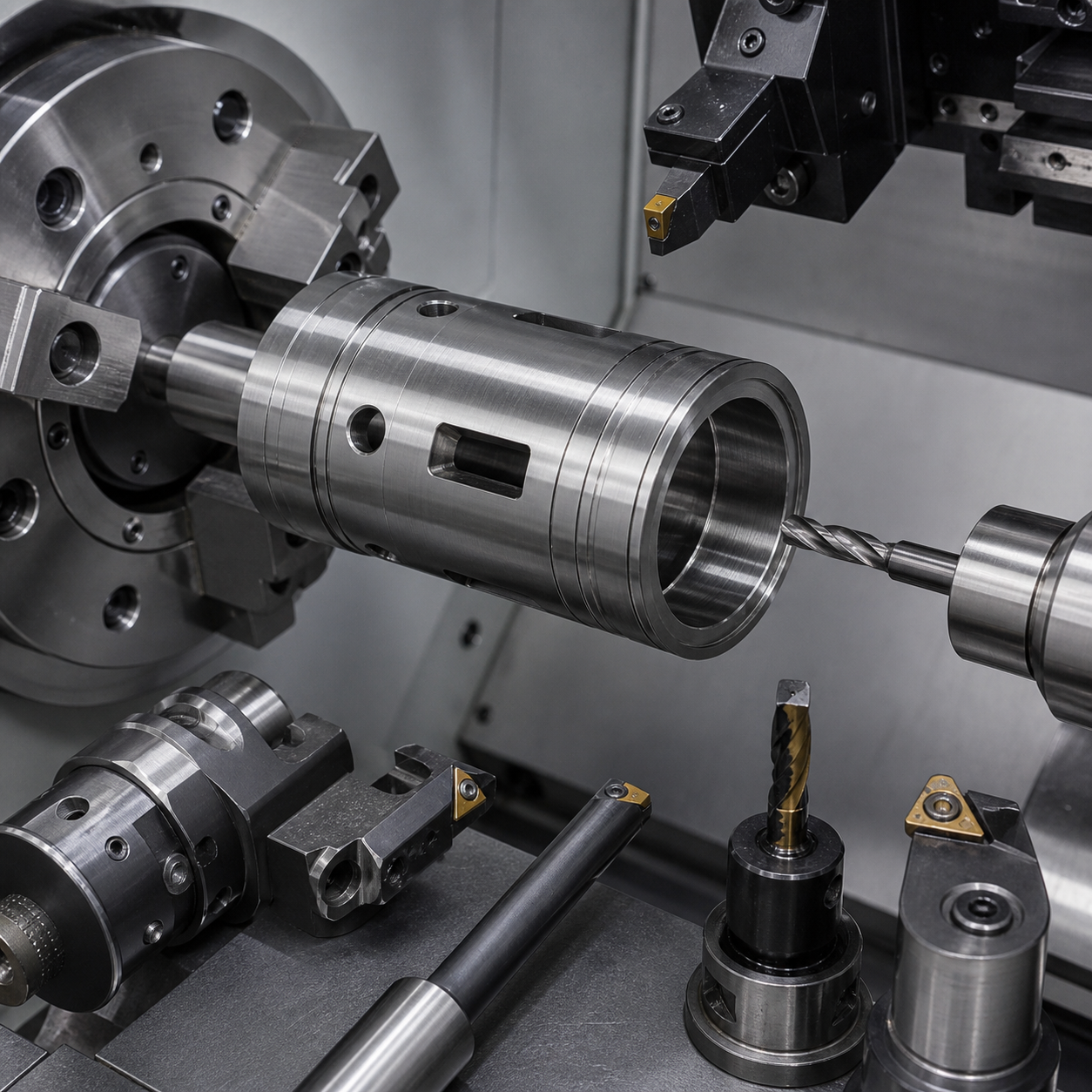 AISI 1215 pneumatic spool sleeve during CNC machining of the deep bore and metering windows