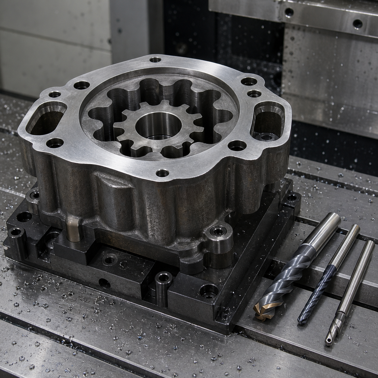 AISI 8620 gerotor pump housing during CNC milling of the epitrochoid bore and crescent ports