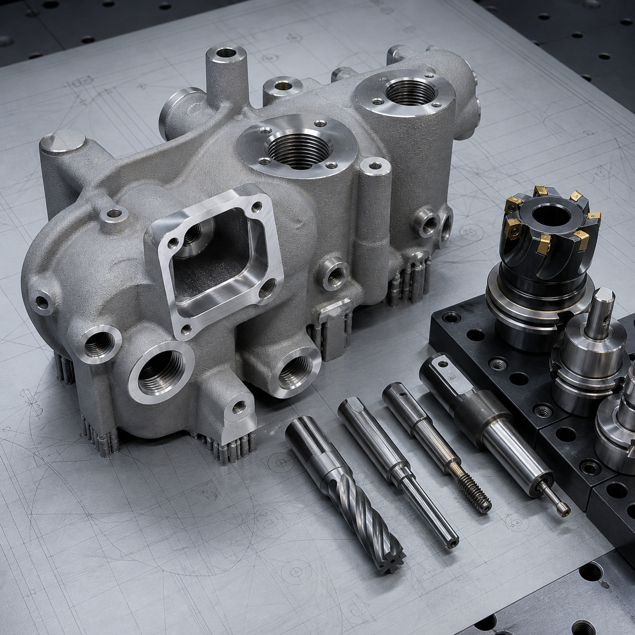 Additively manufactured AlSi10Mg hydraulic manifold CNC finishing plan with datum bosses and carbide tools