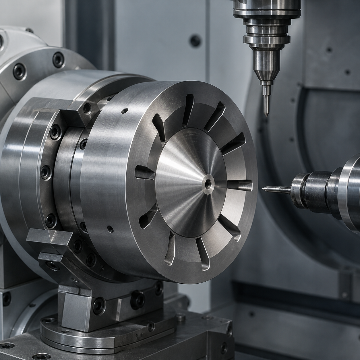 ARMCO pure iron magnetic pole piece during CNC finishing of the air-gap cone and radial slots