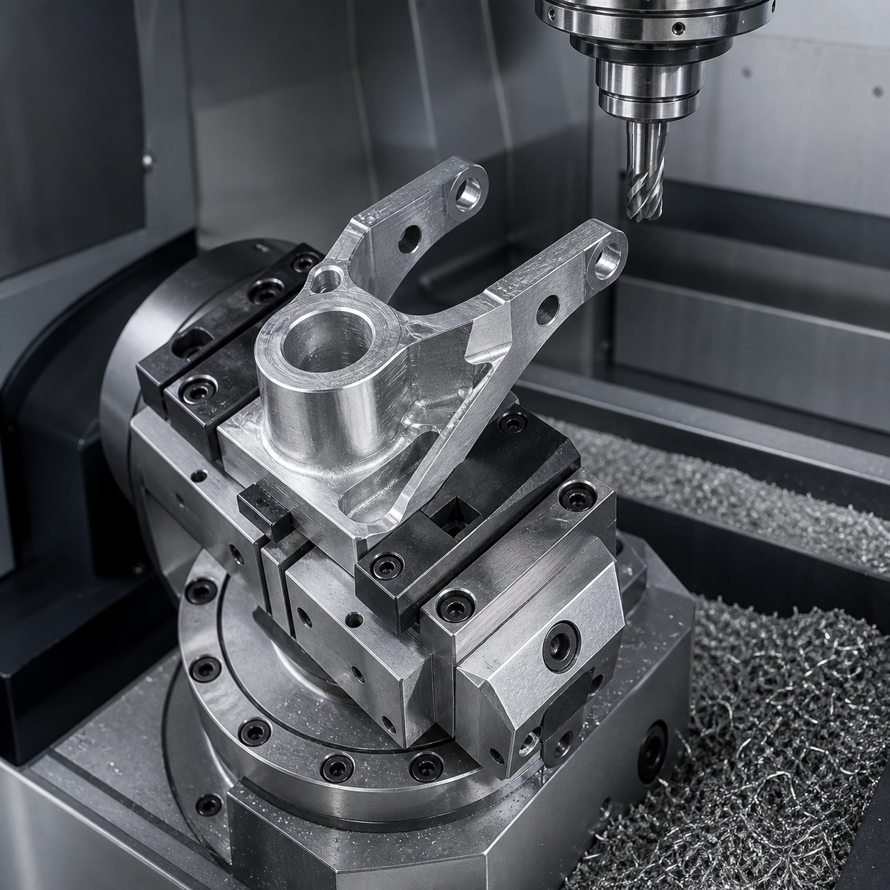 AZ91D magnesium gimbal yoke held in a five-axis CNC fixture for thin-arm and pivot-bore machining
