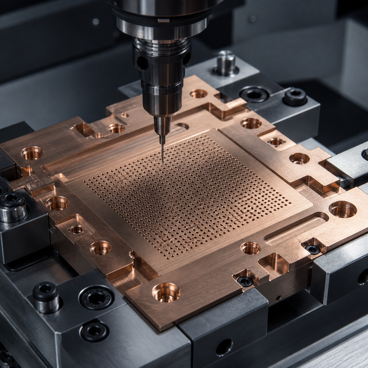 C17200 probe-card guide plate during CNC drilling of a 0.18 mm micro-hole array