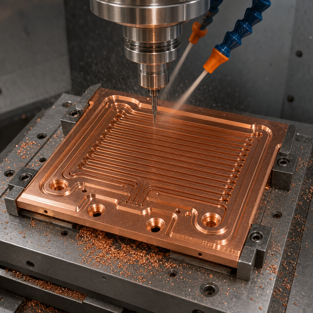 C18150 copper cold plate in a CNC fixture while a carbide end mill machines serpentine microchannels