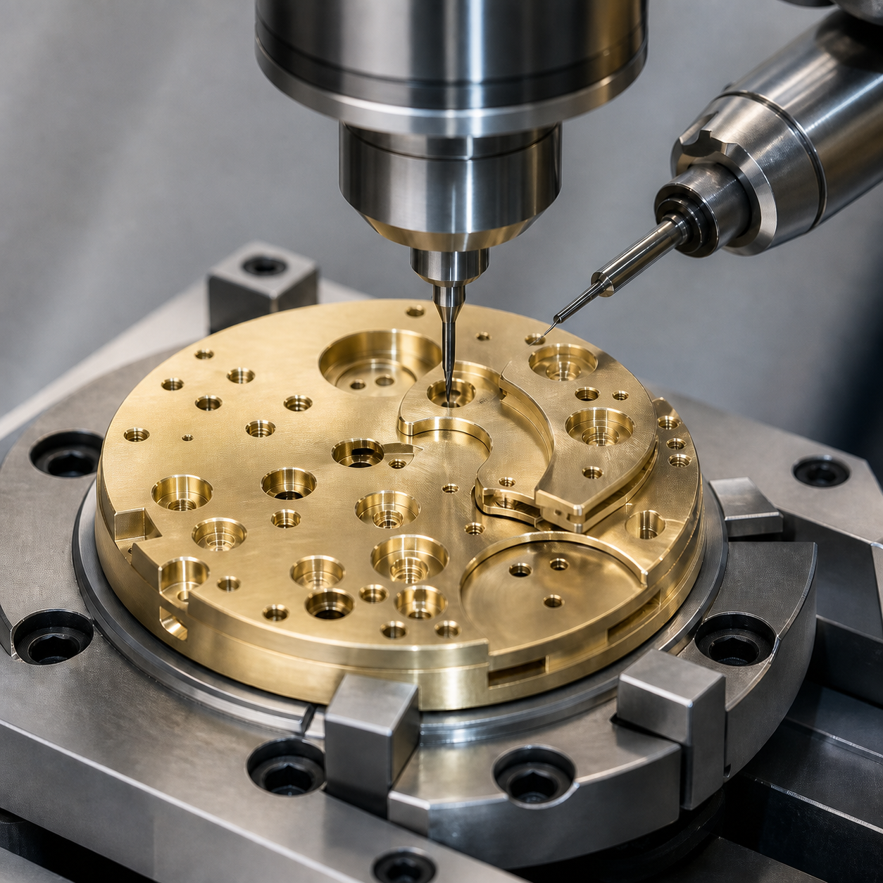 C360 brass watch mainplate during CNC machining of jewel seats and micro pivot holes