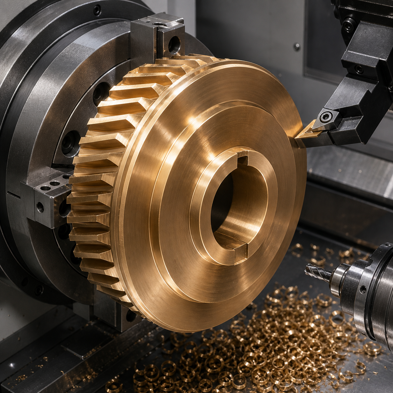 C95400 aluminum bronze worm-wheel blank on an expanding mandrel during CNC bore and rim finishing