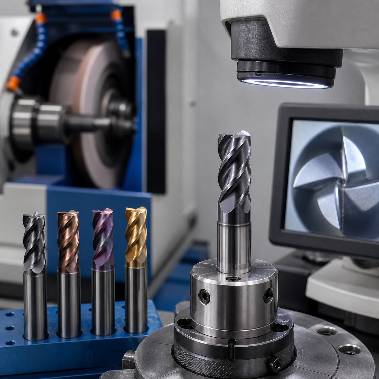 Carbide end mill regrinding and recoating inspection for tool reconditioning