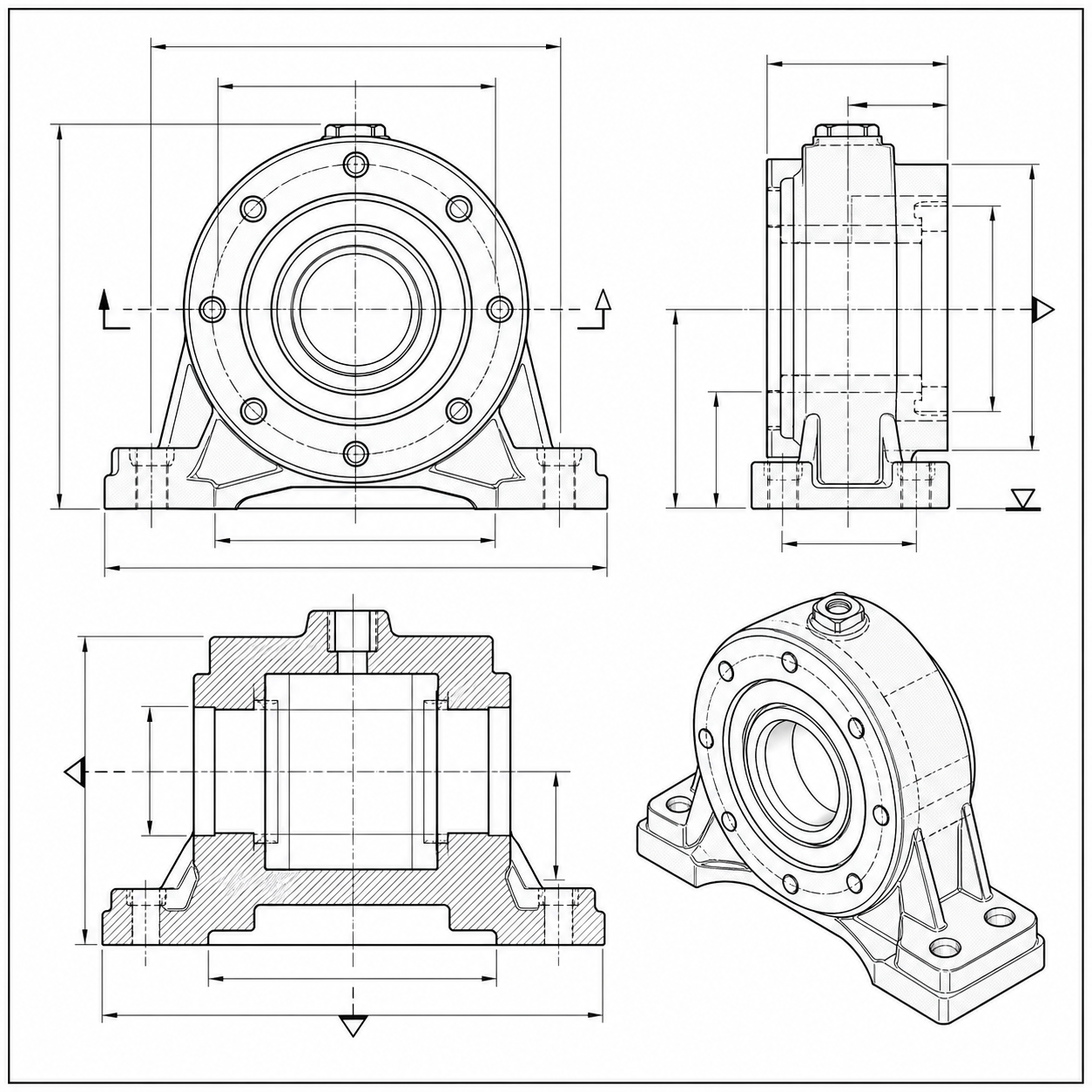Cast iron bearing housing schematic drawing with central bore, bolt pattern and datum faces