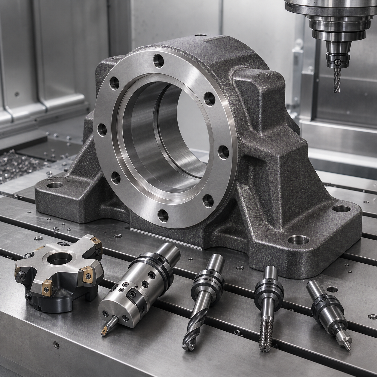 Cast iron bearing housing CNC machining case with bore, flange face and cutting tools