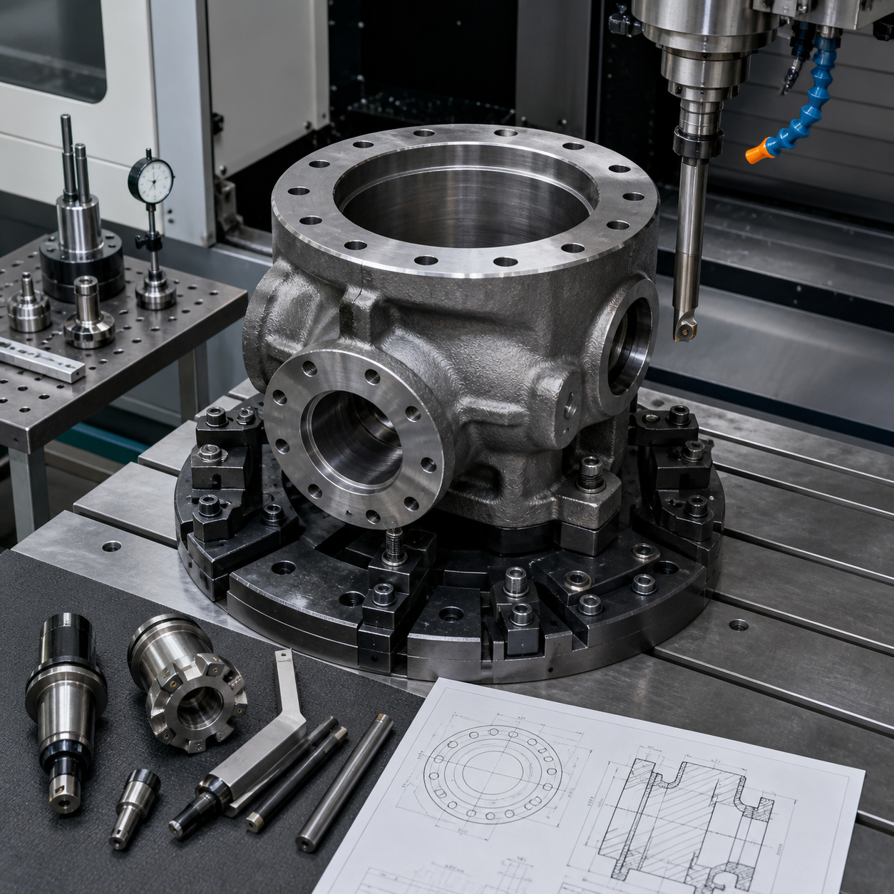 Cast steel valve bonnet CNC machining setup with flange bore and bolt circle tooling