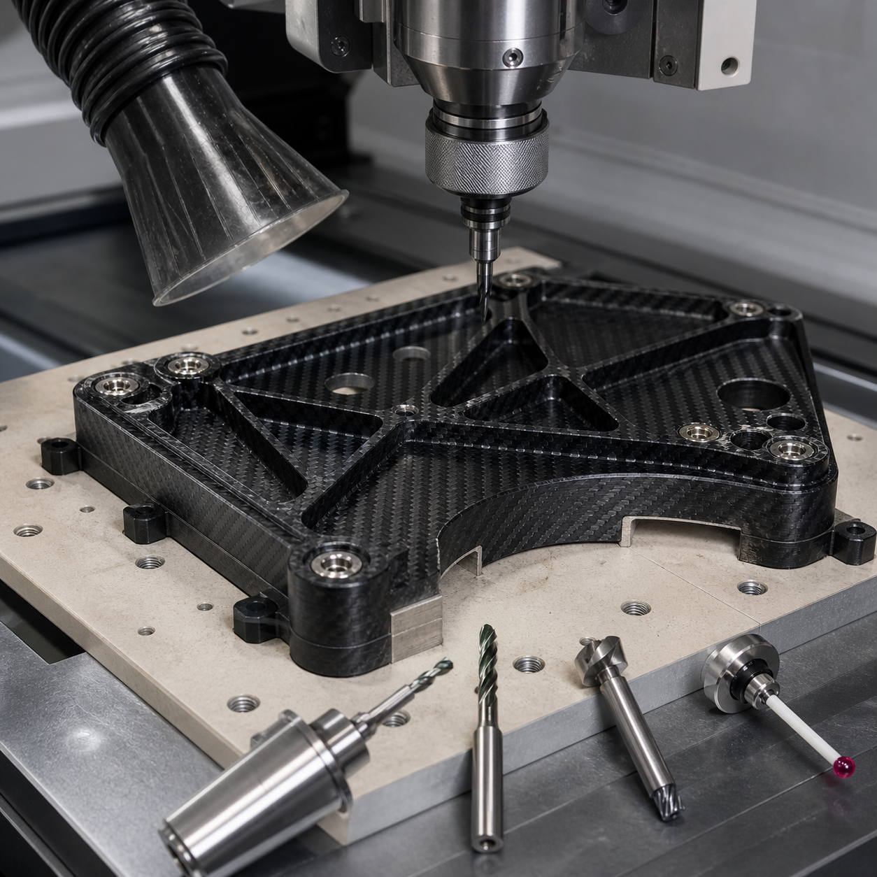 CFRP satellite optical bench bracket during CNC routing of insert bores and countersunk holes