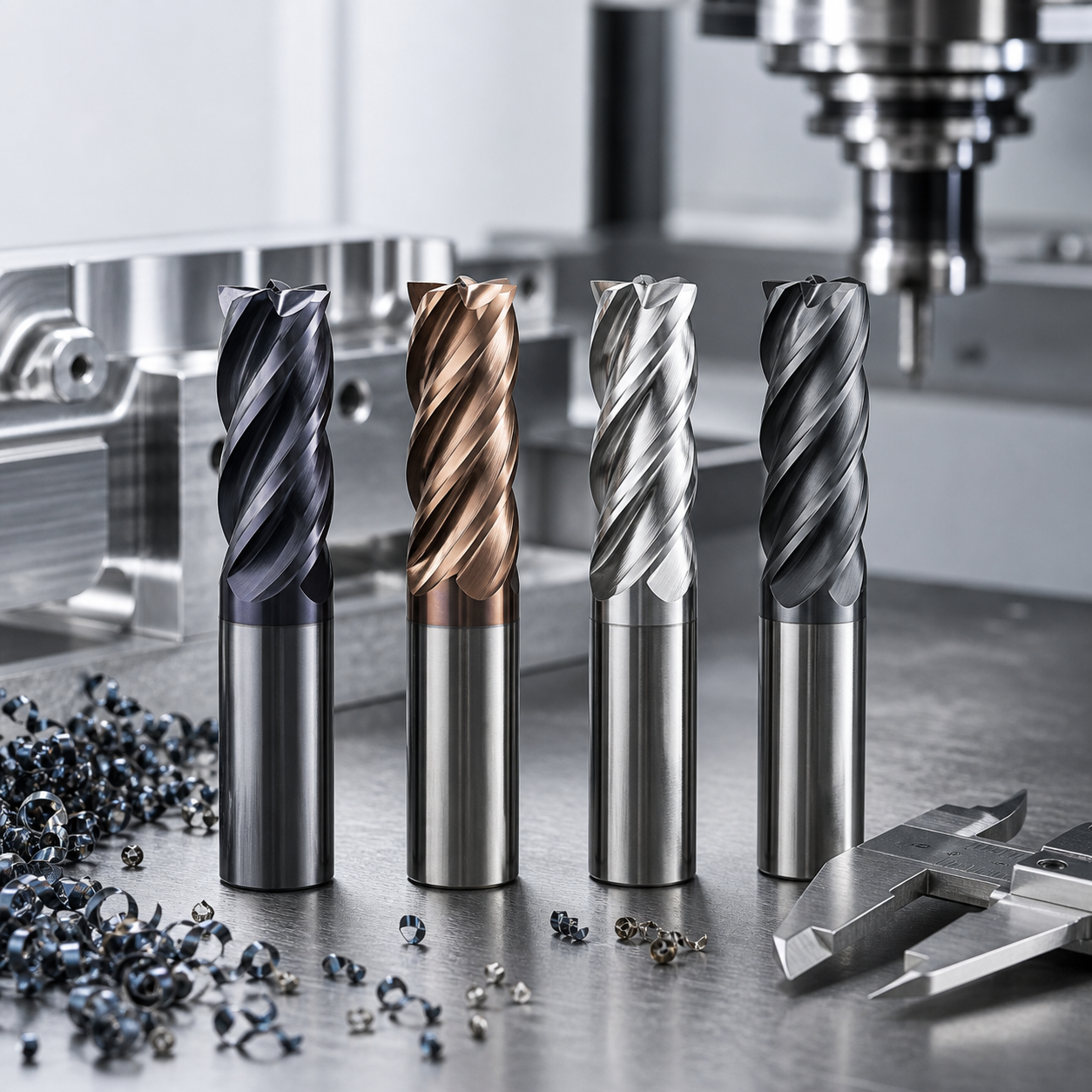 CNC carbide end mills with different coatings and flute geometries