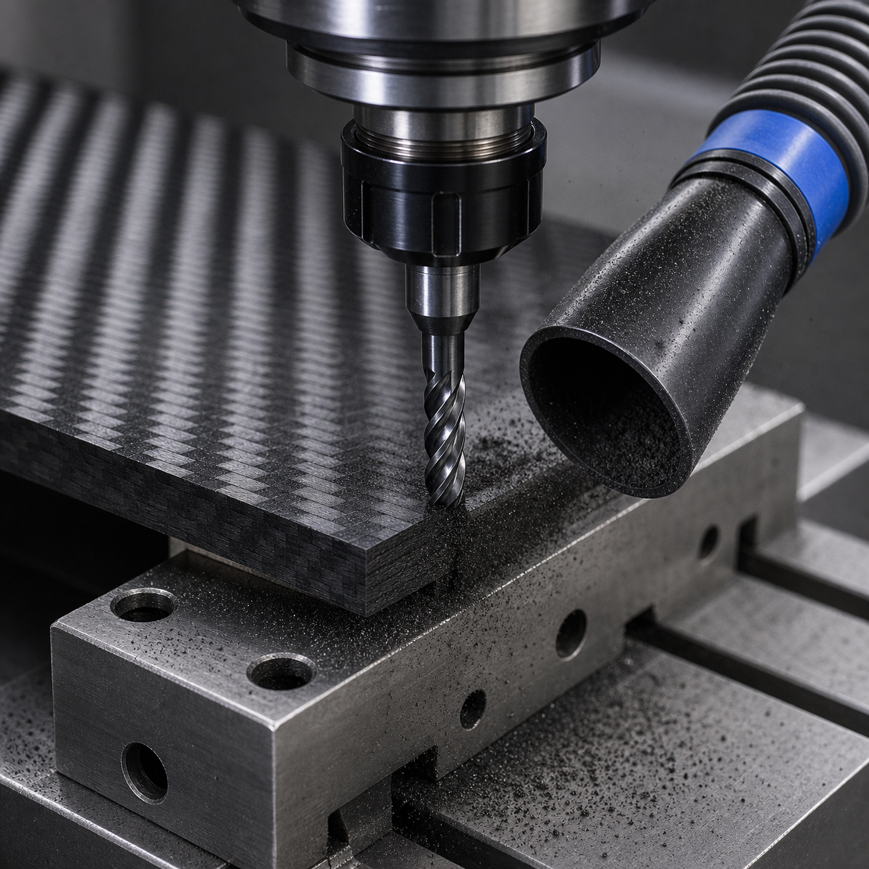 CNC milling carbon fiber composite with diamond coated end mill and dust extraction