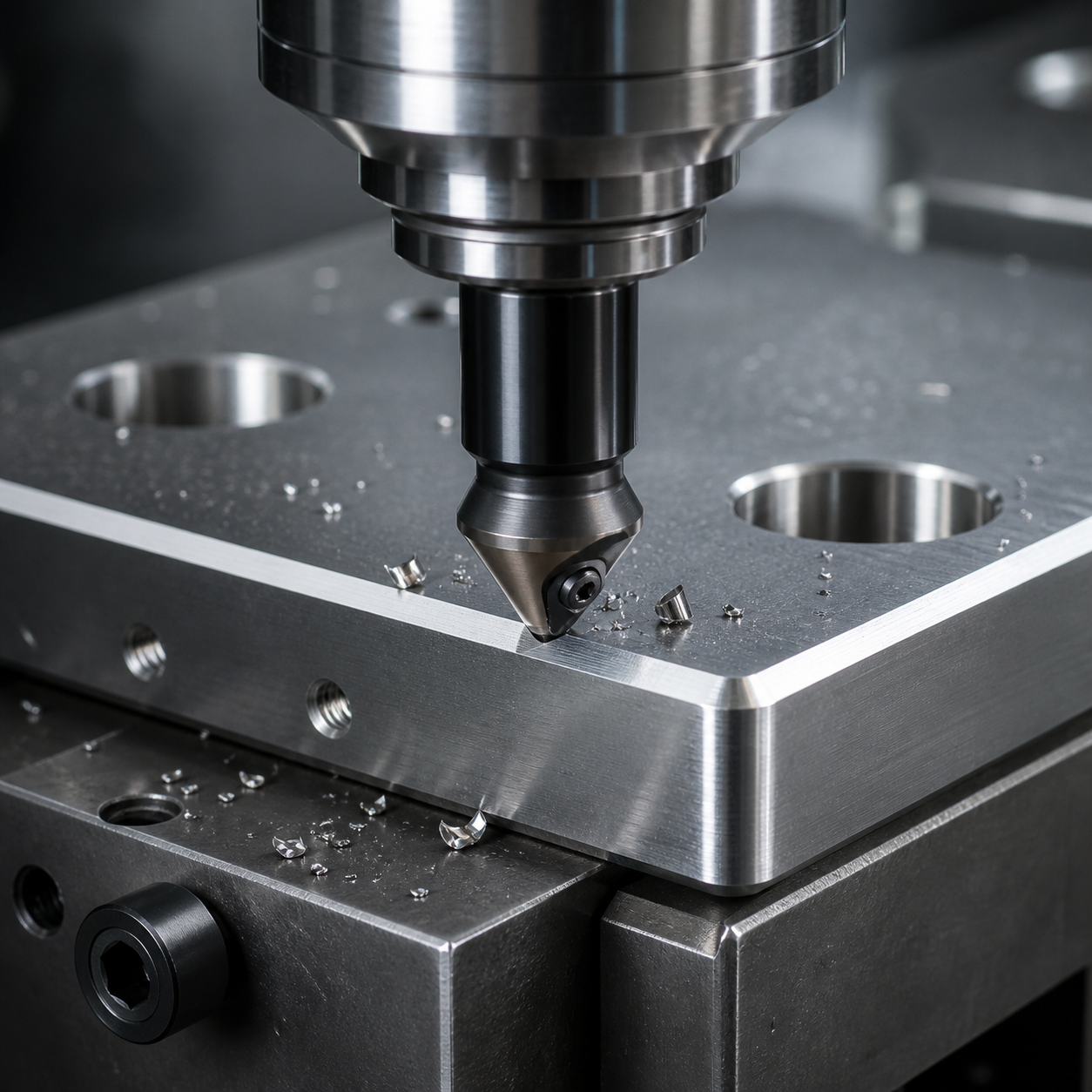 CNC chamfering and deburring with carbide chamfer mill on machined edge