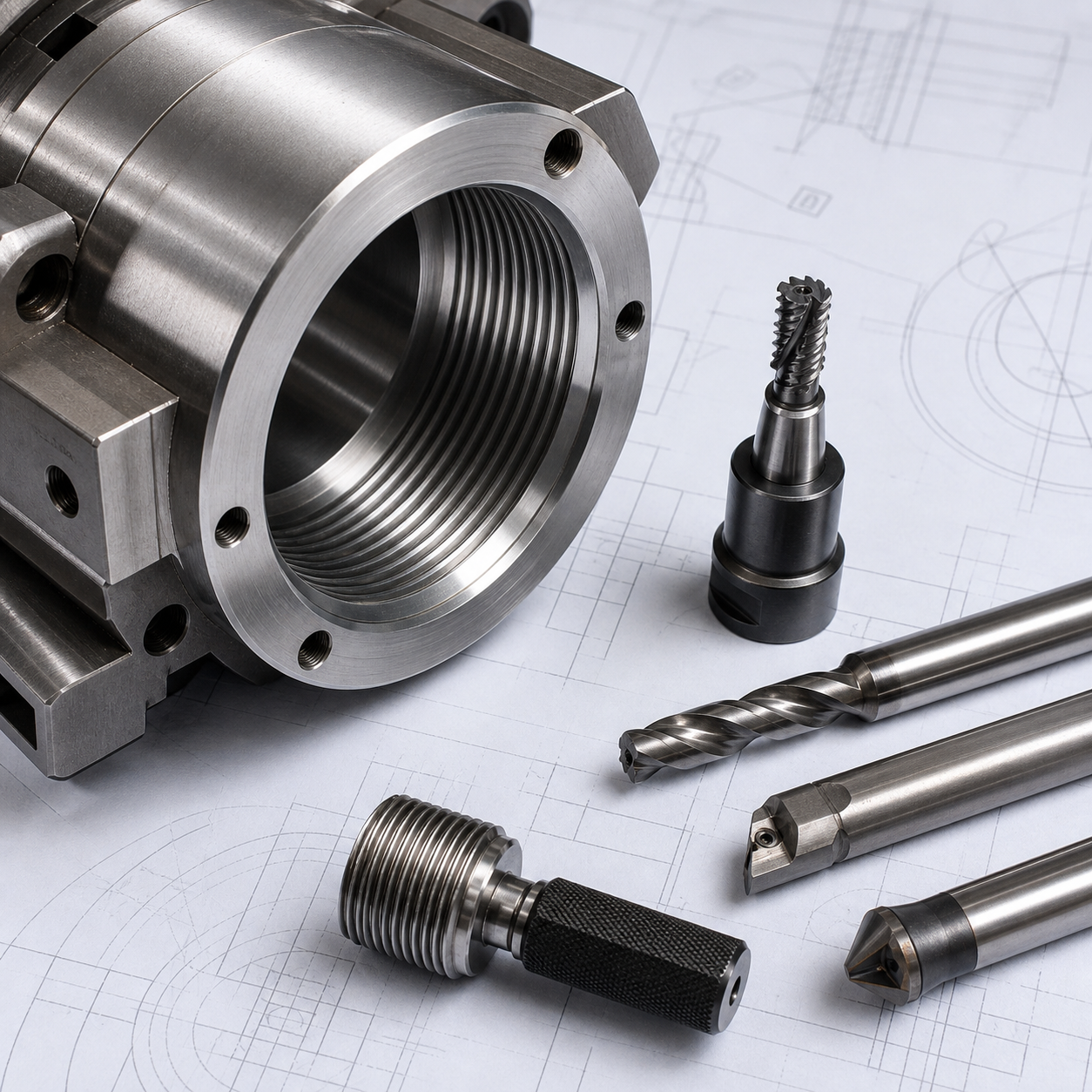 CNC thread milling setup for a large internal thread with pitch diameter compensation and gauge control
