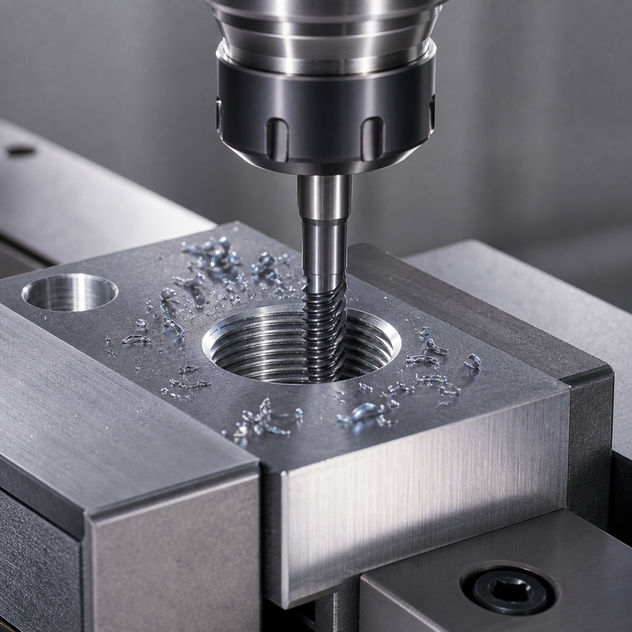 CNC thread milling with carbide thread mill cutting an internal thread