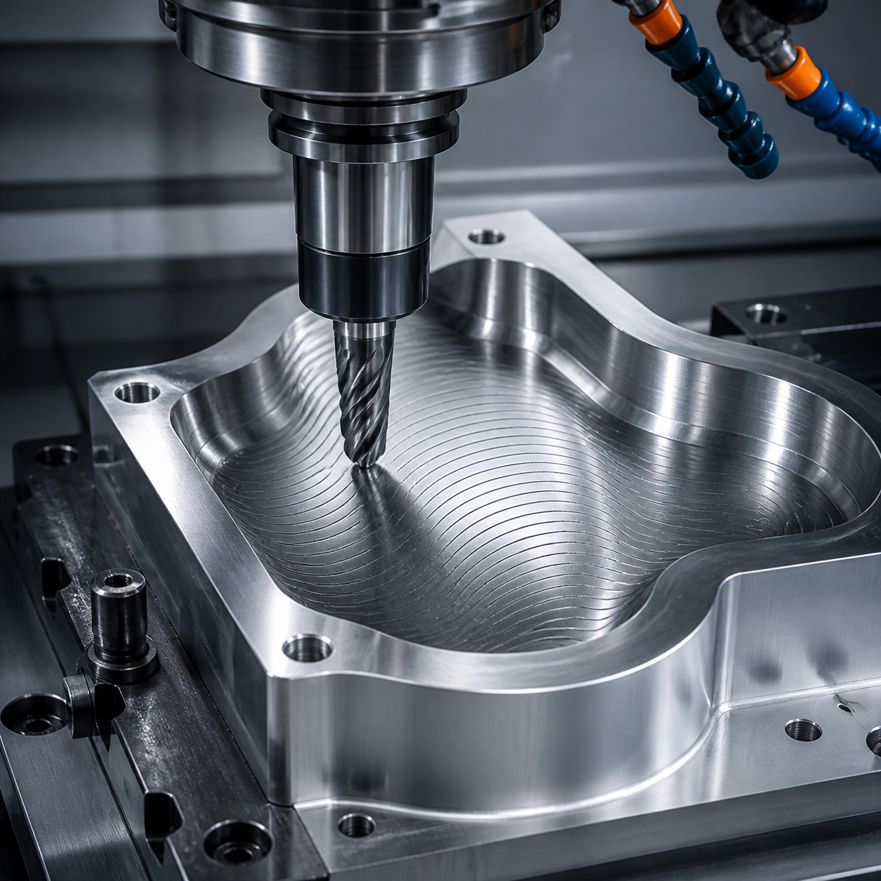 CNC toolpath smoothing with carbide end mill machining a curved pocket
