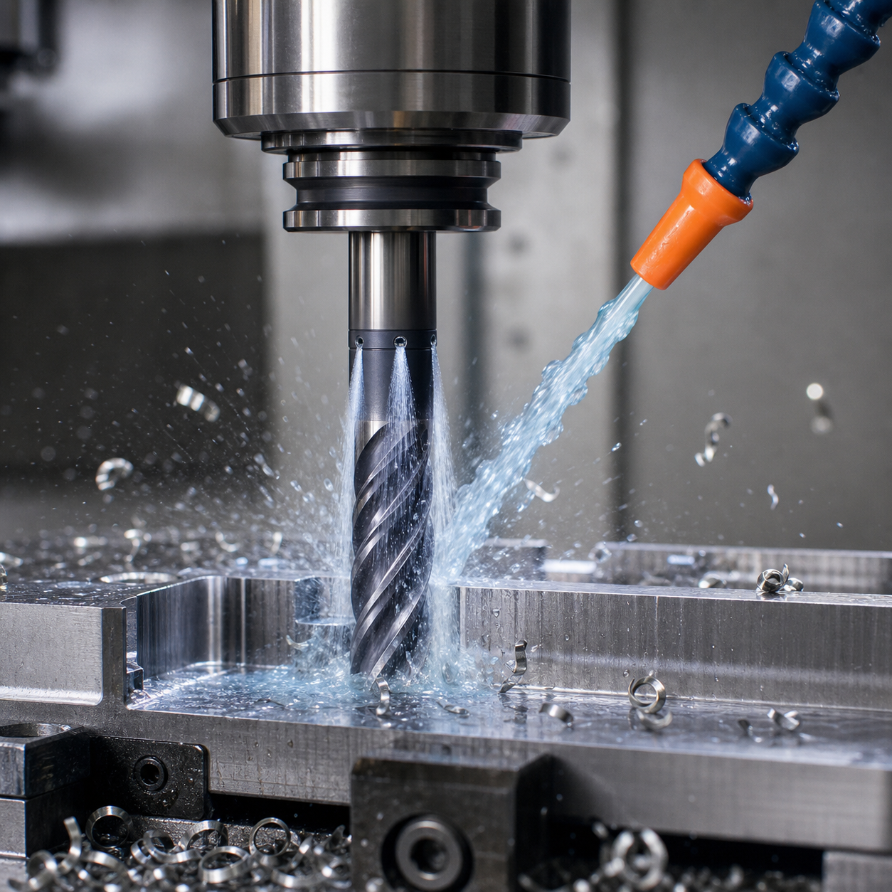 Coolant-through carbide end mill improving chip evacuation in CNC milling