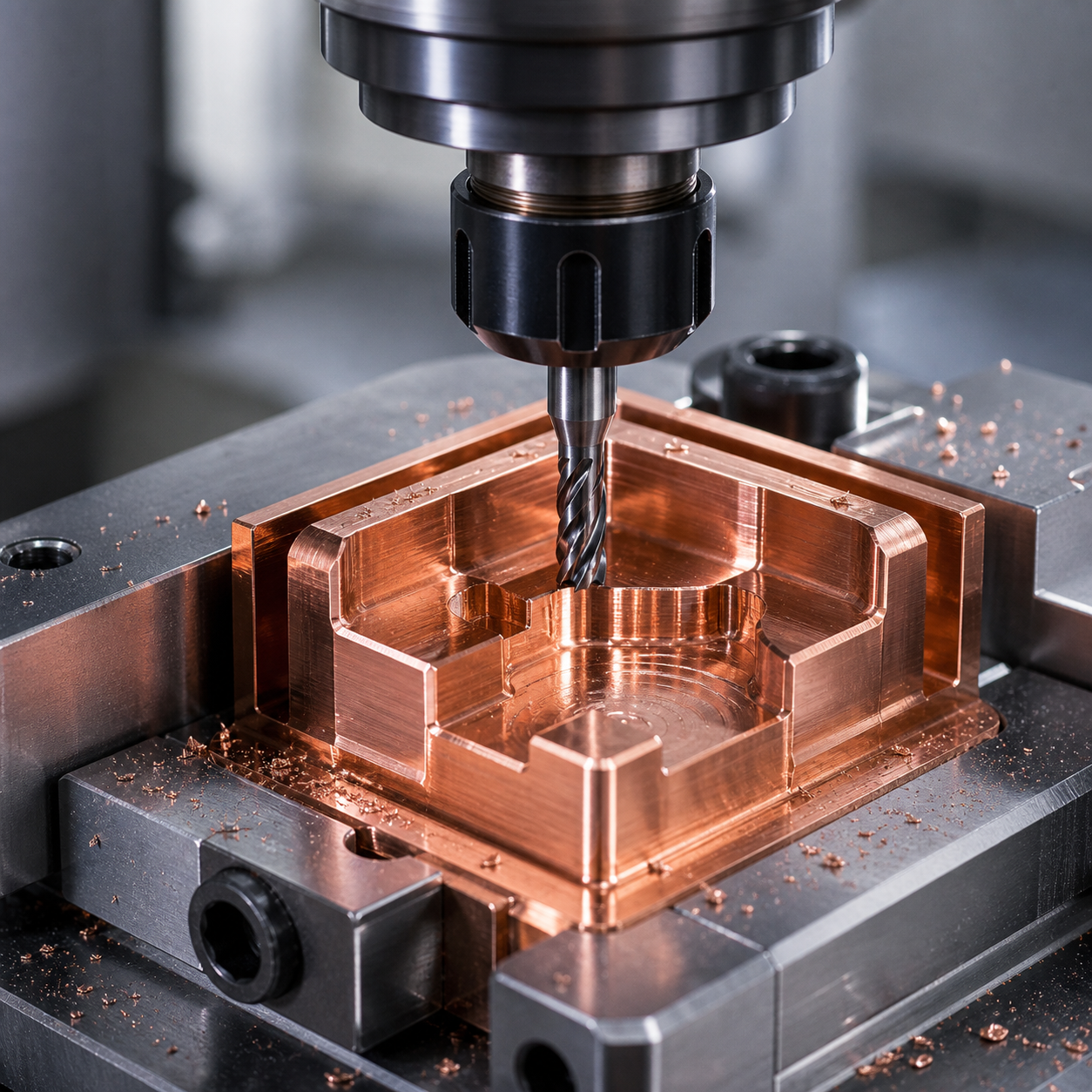Copper electrode CNC milling with sharp carbide end mill and smooth surface finish