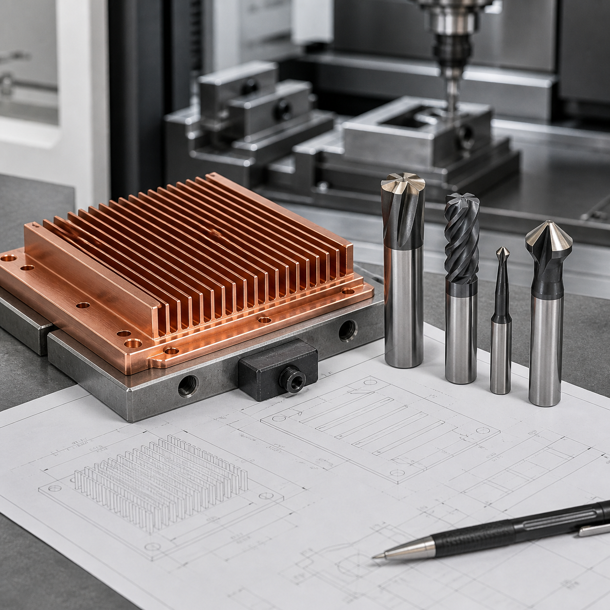 Copper heat sink CNC machining case with tooling plan for thin fins