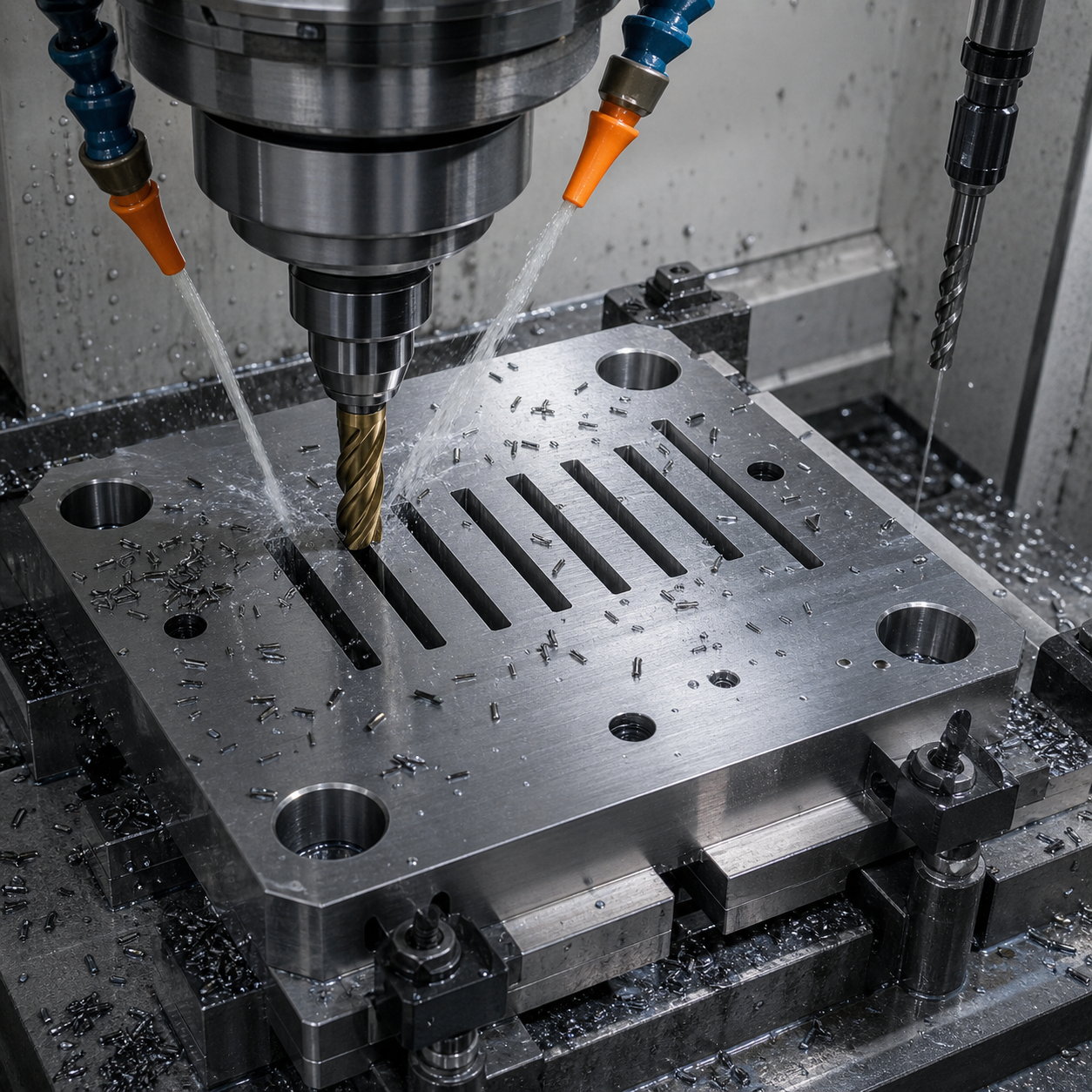 D2 cold-work die stripper plate during CNC machining of narrow slug slots and precision dowel holes