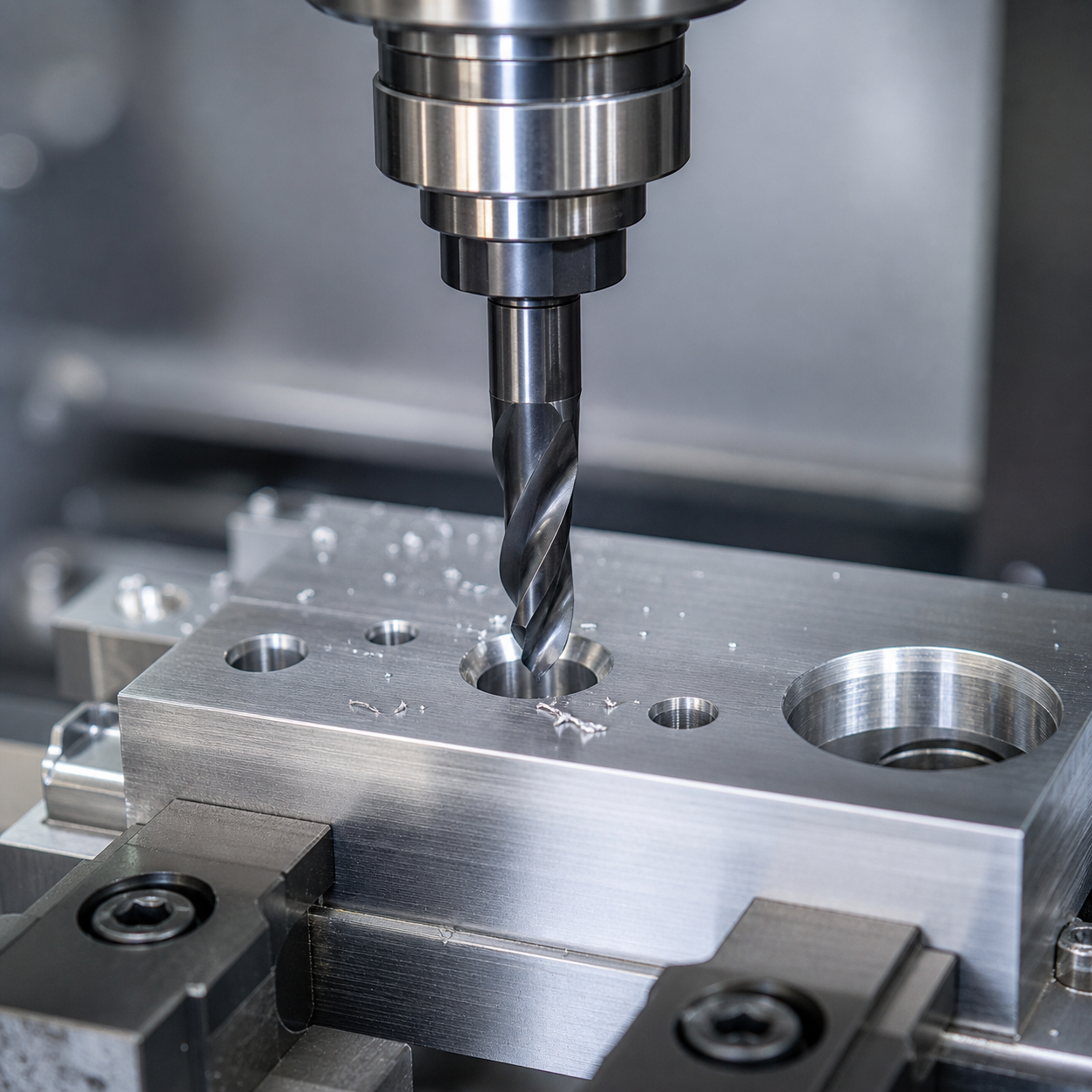 Carbide drill mill creating a hole chamfer in CNC machining