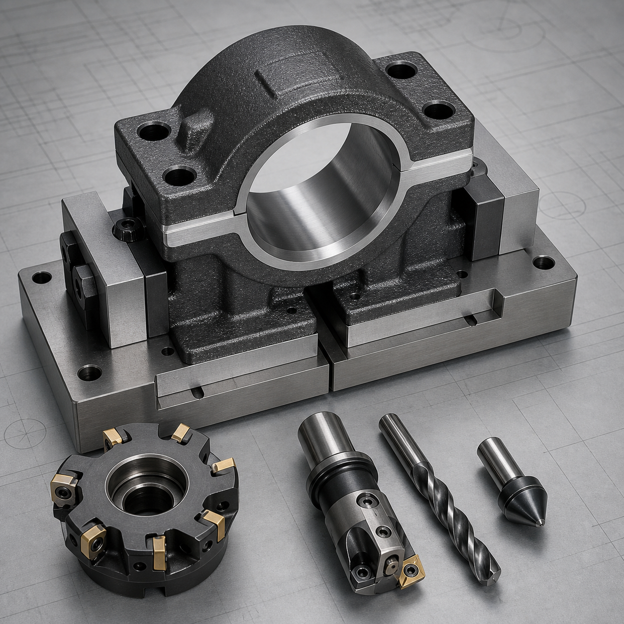 Ductile iron split bearing cap paired boring fixture with carbide face mill and boring tools