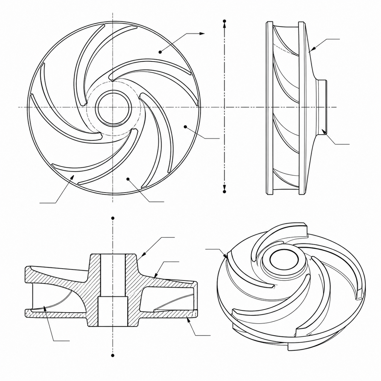 Pump impeller schematic drawing with curved blades, hub bore and datum axis