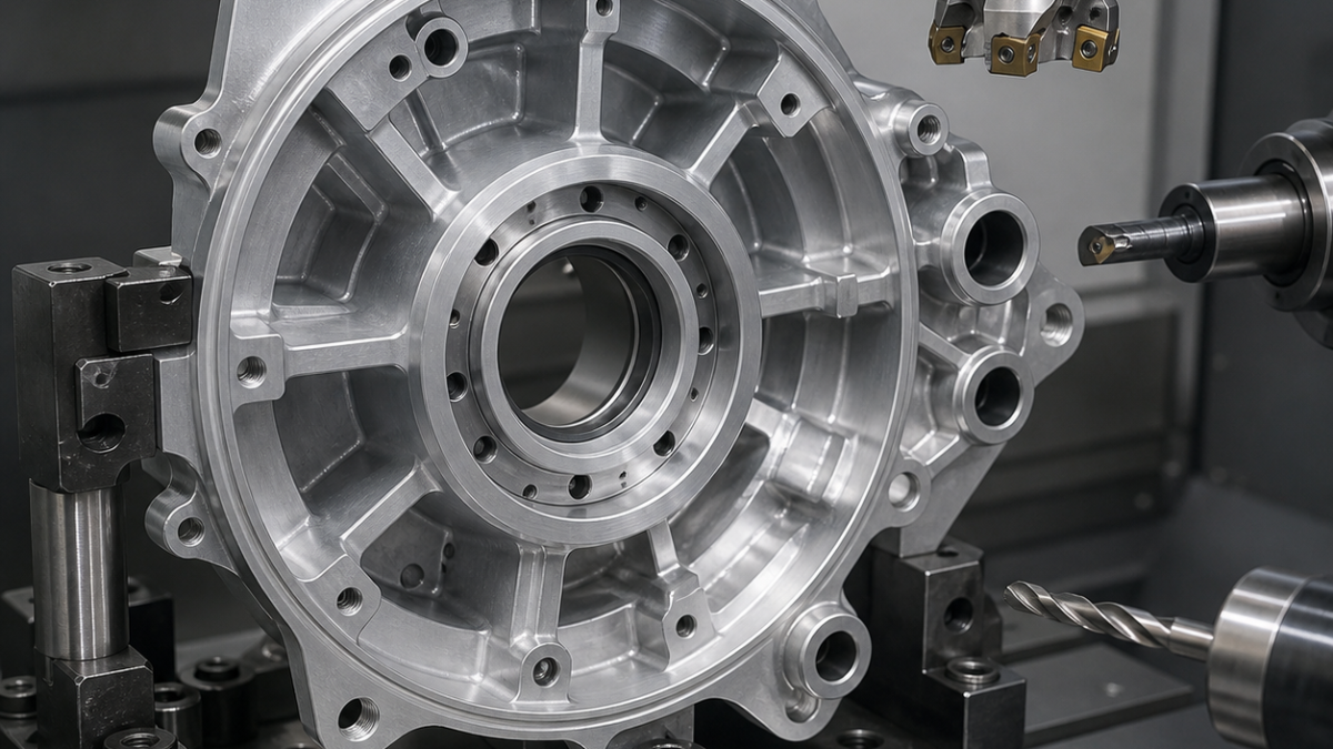 EN AC-42100 E-Motor End Shield CNC Tooling Case: Bearing Bore and Stator Pilot