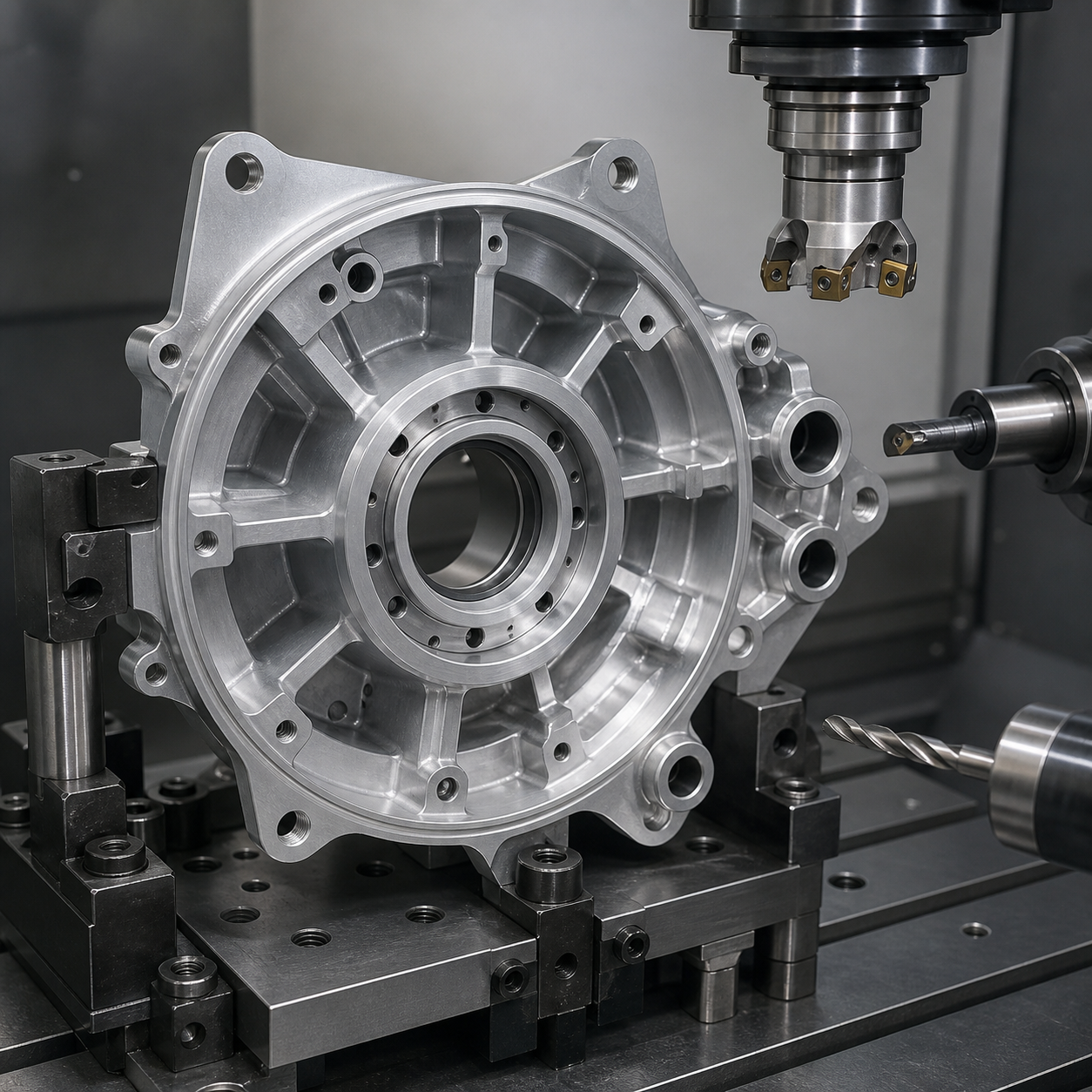 EN AC-42100 aluminum e-motor end shield during CNC machining of the bearing bore and stator pilot