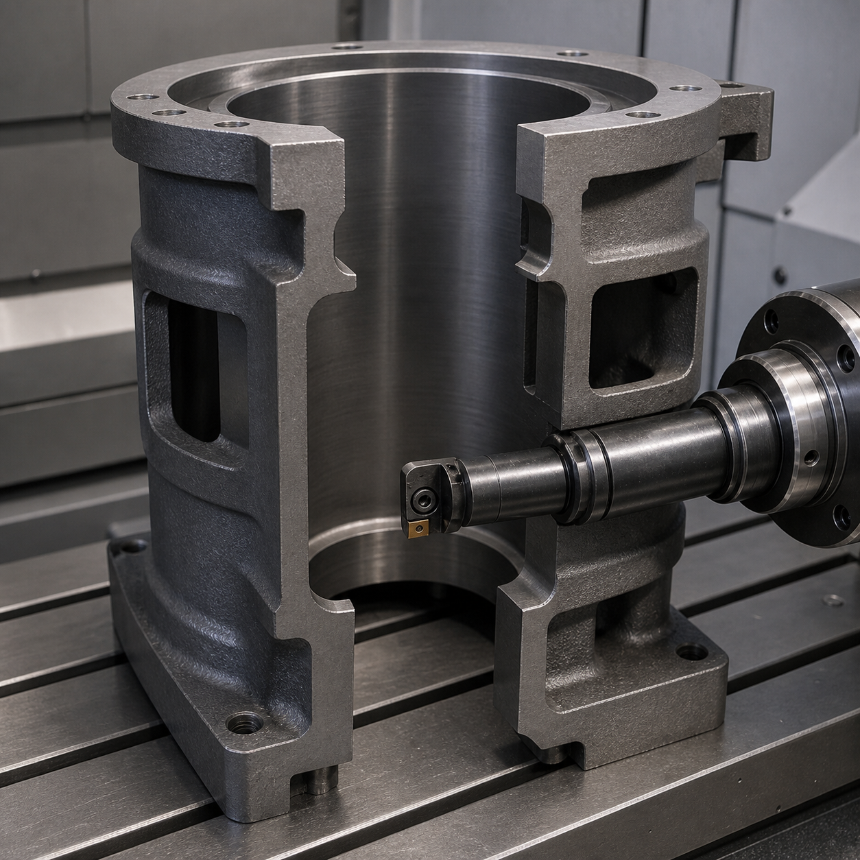 EN-GJL-250 gray cast iron compressor cylinder liner during CNC boring and port-window machining