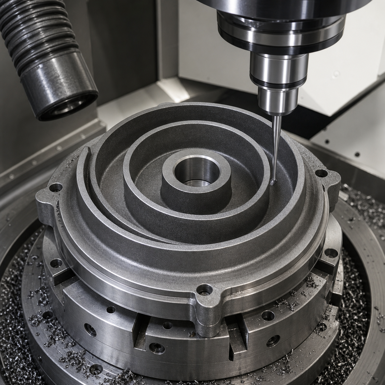 GGG60 ductile iron orbiting scroll in a CNC fixture during carbide finishing of the involute flank