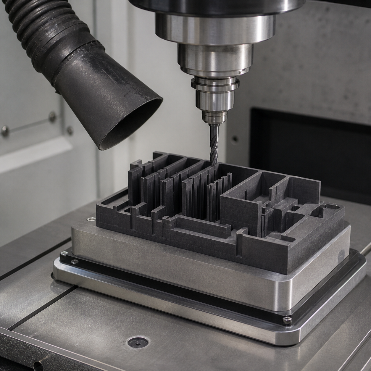 Fine-grain graphite EDM electrode with thin ribs machined on a CNC center under dust extraction