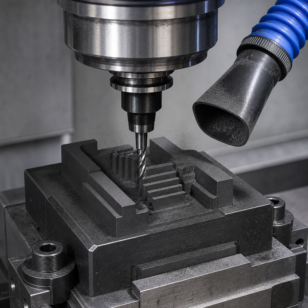 Graphite electrode CNC milling with diamond coated carbide end mill and dust control