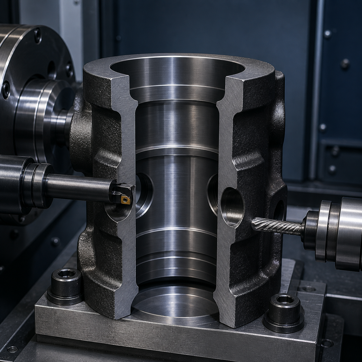 Square CNC machining view of an H13 mold core insert with deep ribs, a carbide end mill and finishing tools