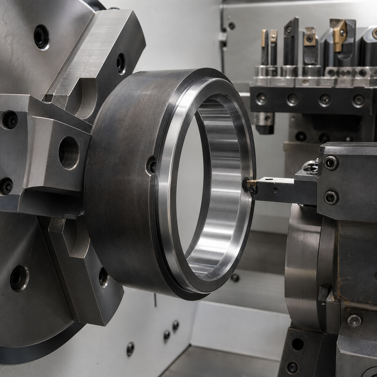 Hardened 52100 bearing outer ring held in bored soft jaws during precision raceway hard turning