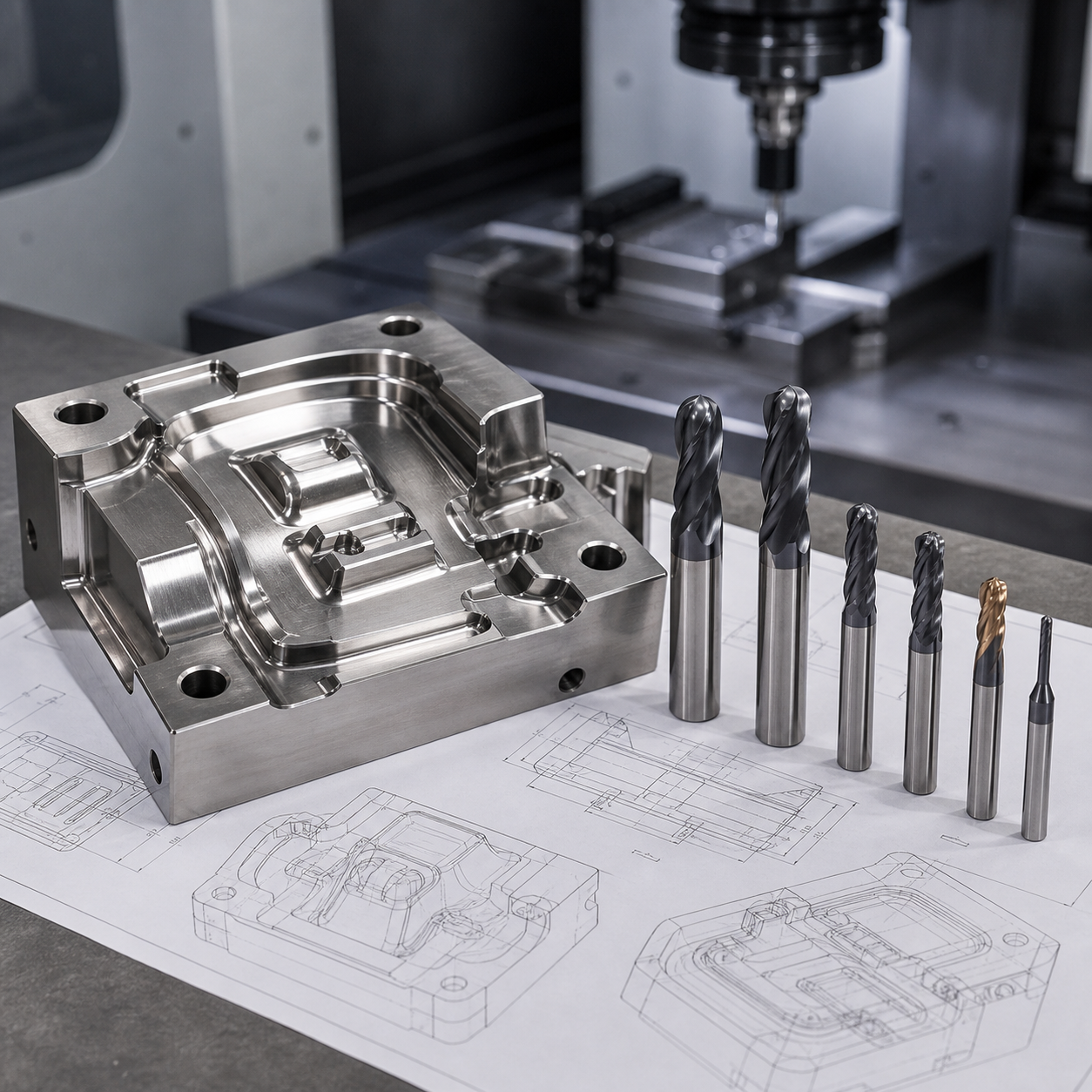 Hardened mold insert CNC finishing case with ball nose tooling layout